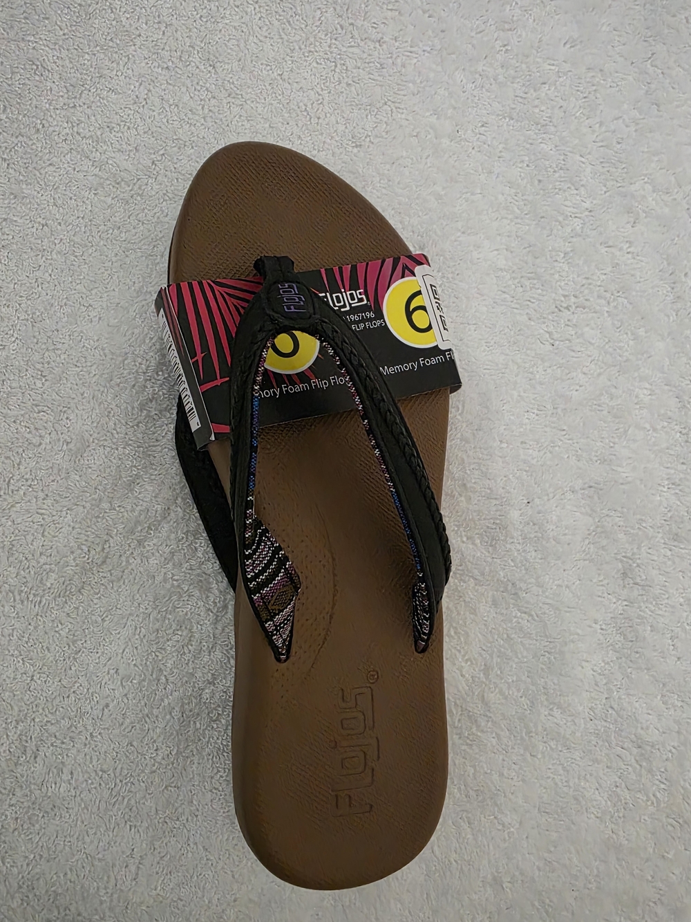 Flojos Women's Brown Footbed Flip Flops with Black Patterned Straps